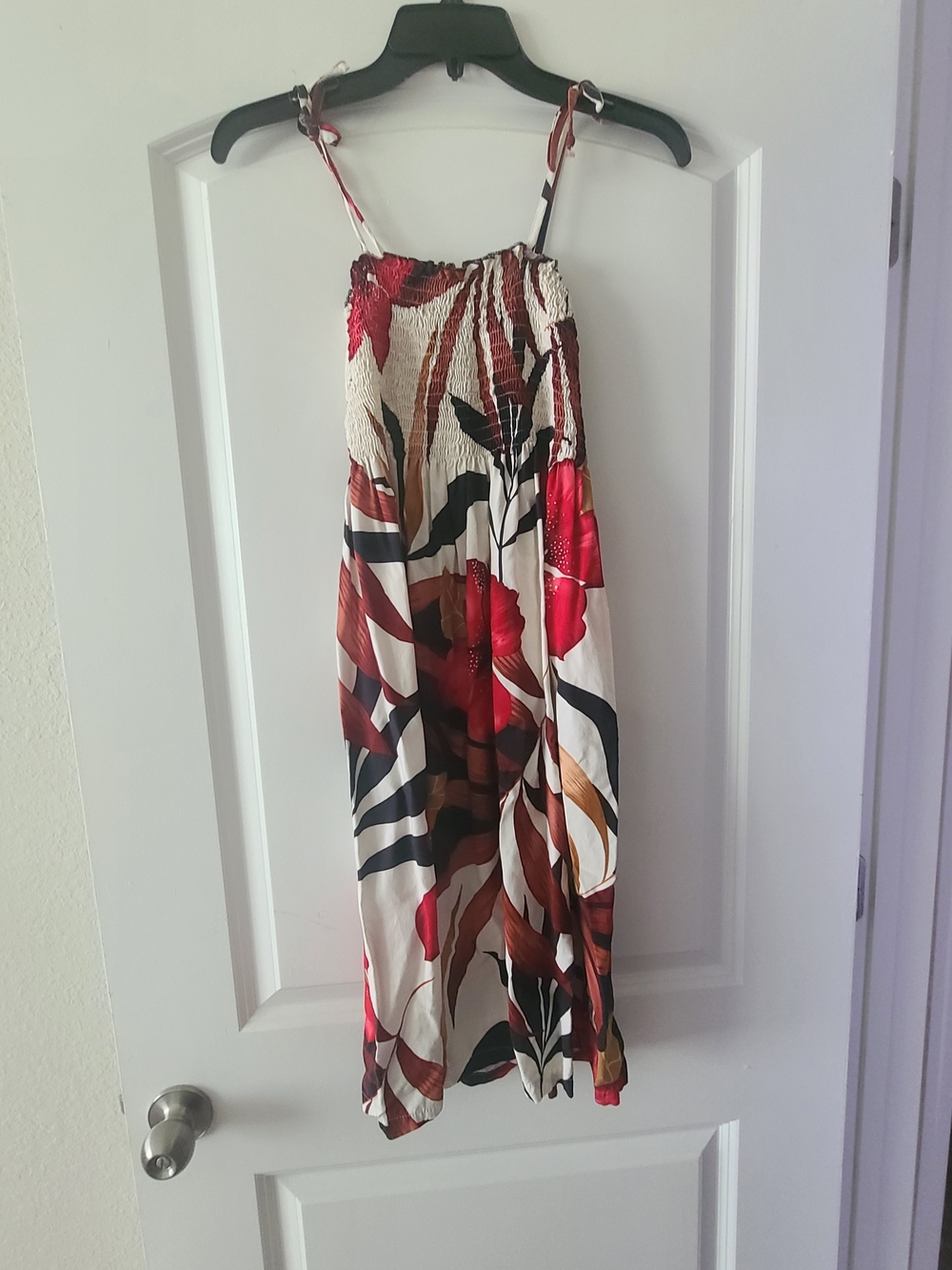 Smocked Strap Floral Maxi Dress in Cream and Red